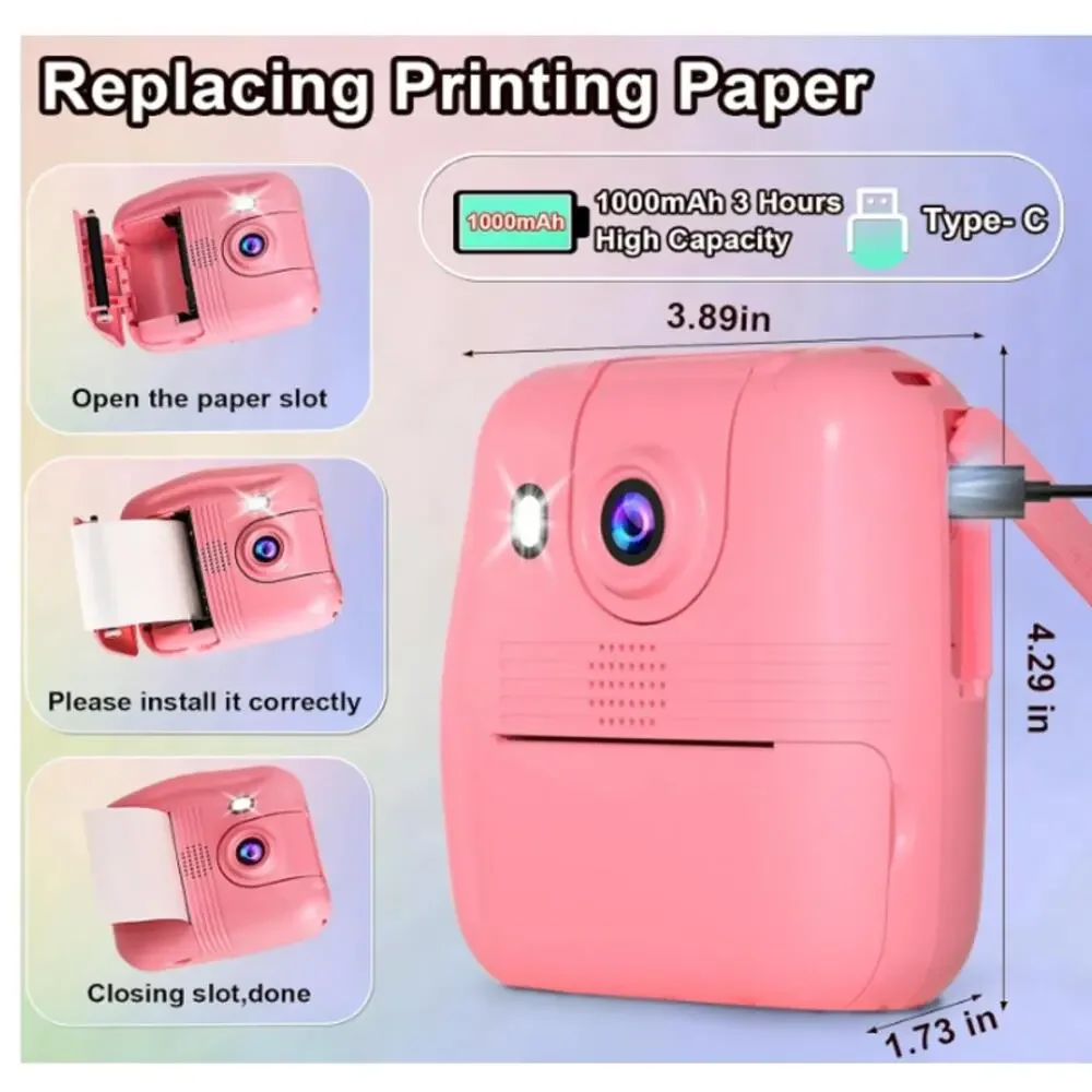 Kids Camera Instant Print - 1080P HD Instant Print 3 RollsPaper, 5Pens, 32GB